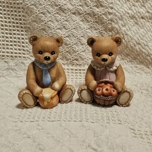 Homco Brown Bear Figurines with Blue and Pink Accents